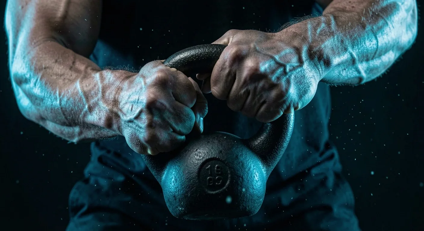 Atleta ejecutando swing con kettlebell en entorno oscuro