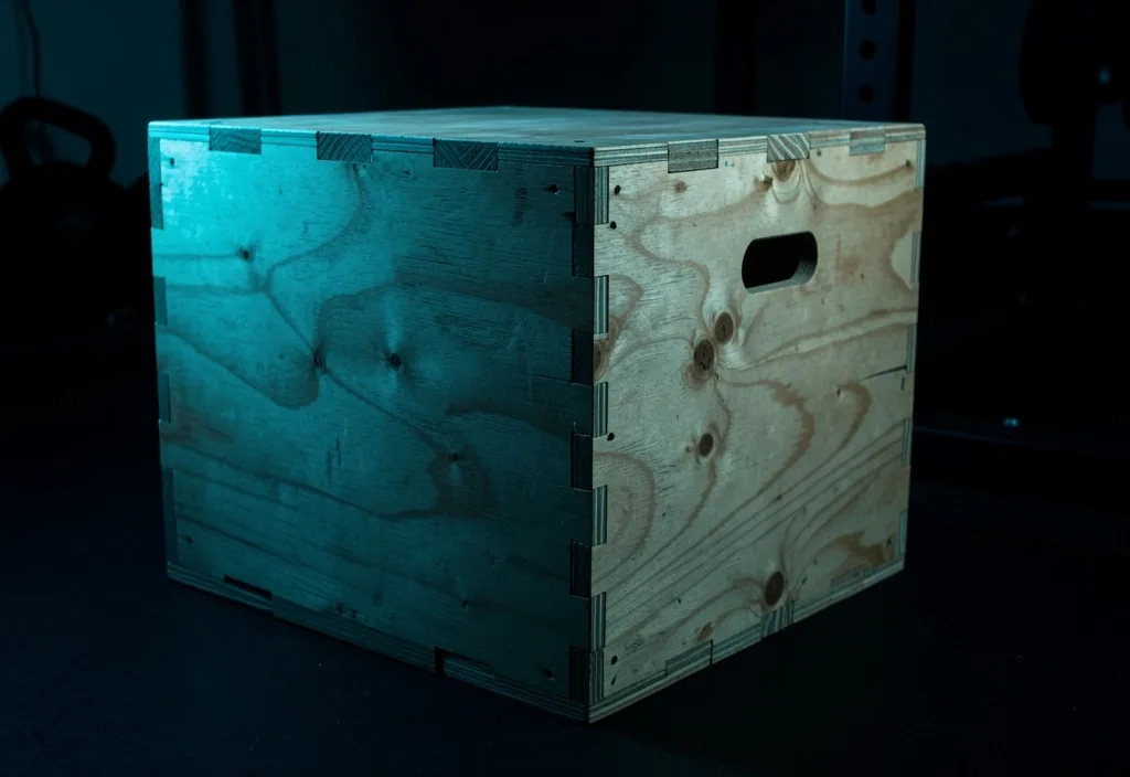 Cajón pliométrico de madera en gimnasio oscuro