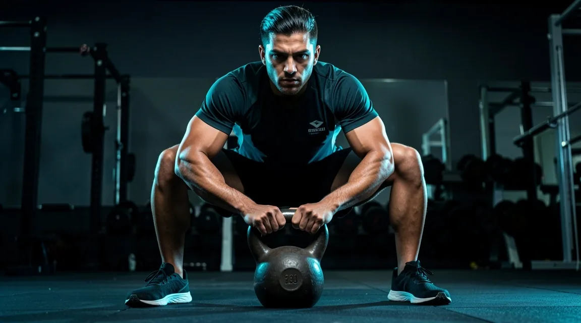 Atleta ejecutando sentadilla con kettlebell