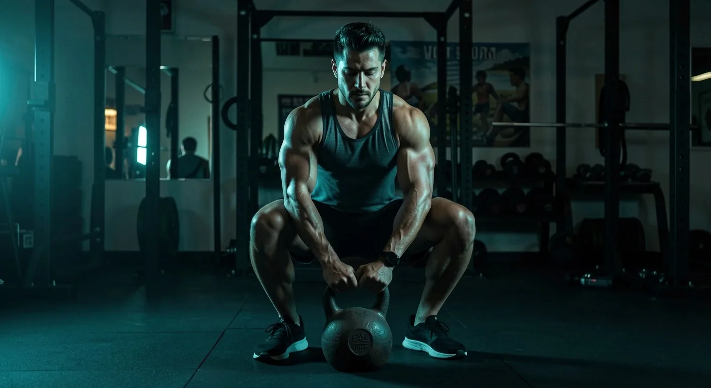 Atleta ejecutando sentadilla con kettlebell en entorno oscuro