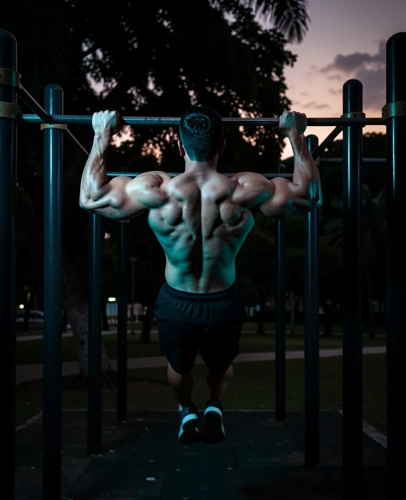 Atleta ejecutando muscle-up en barras de parque público