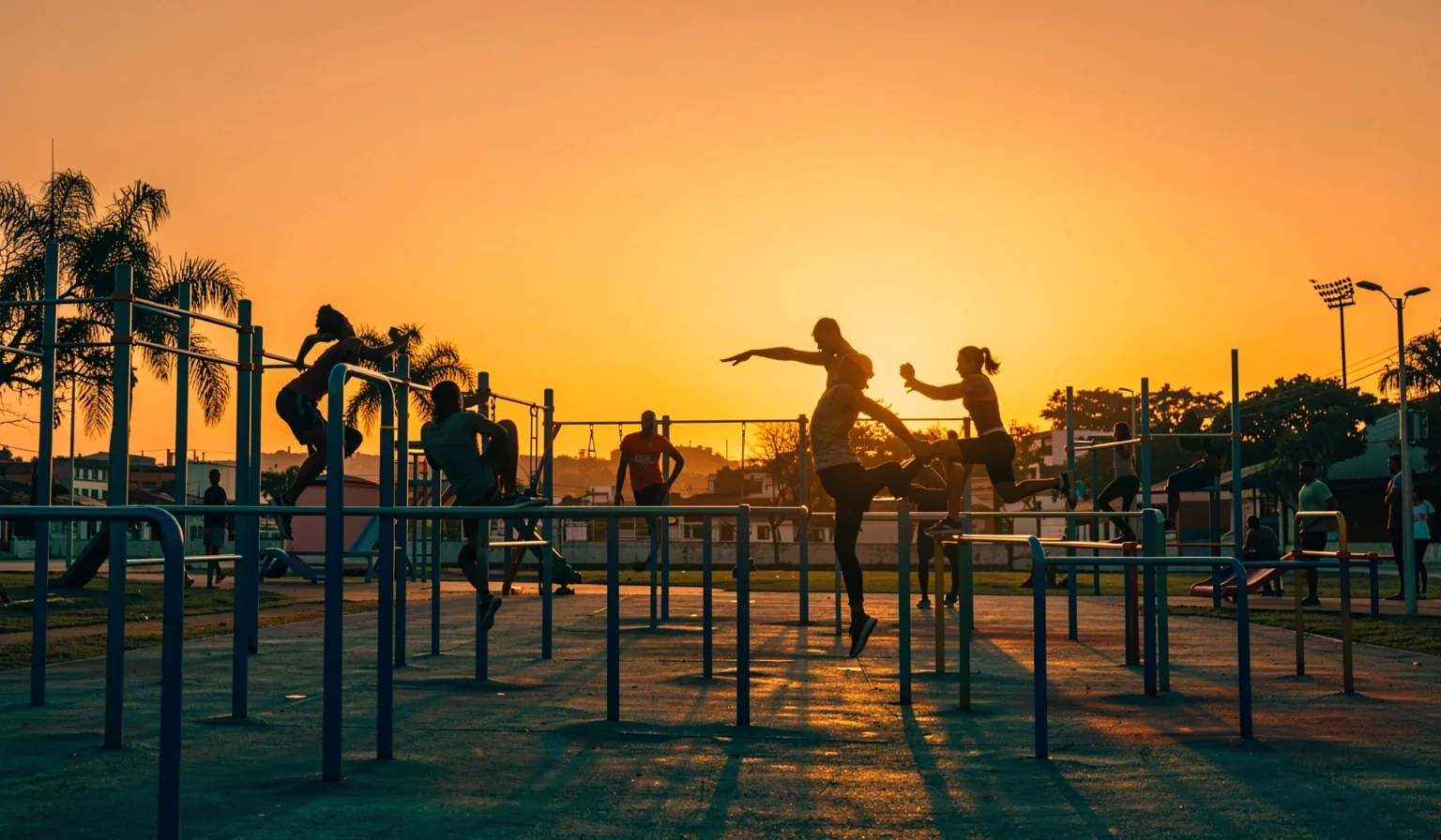 Parque recreodeportivo público en Cali con atletas entrenando calistenia